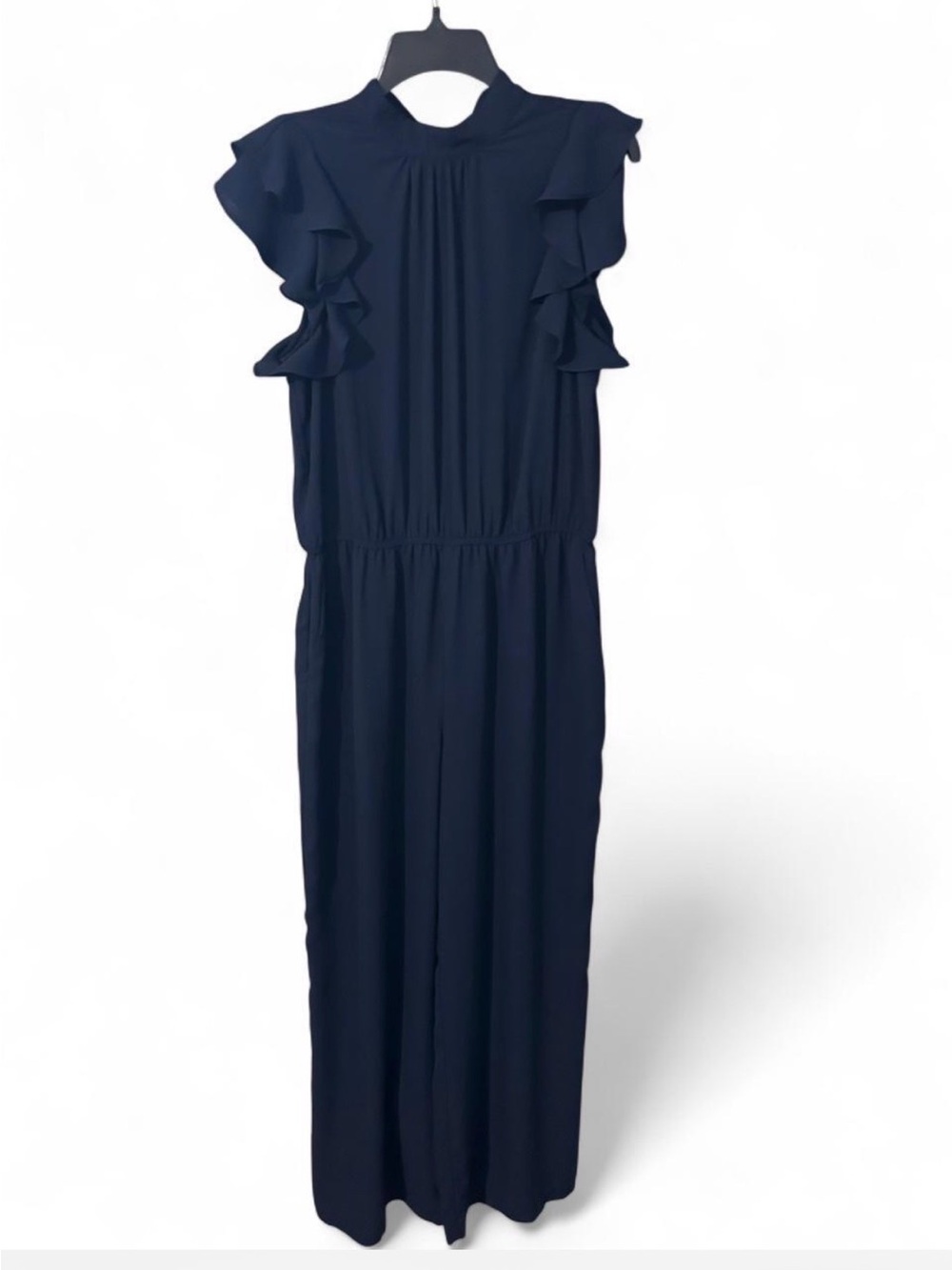 Express Navy Ruffle Tie-Neck One-Piece - Picture 5 of 6